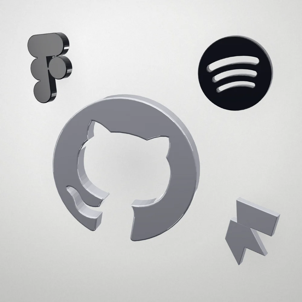 GitHub, Spotify, Figma and Framer logos rendered as glass and metal 3D icons